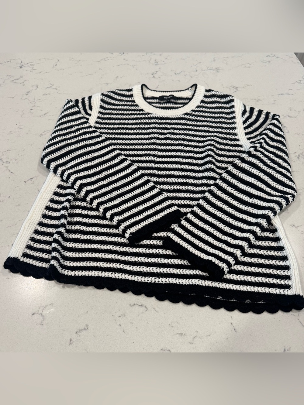 NWOT ME+EM Black and White Striped 100% Cotton Crochet Crewneck Sweater Medium